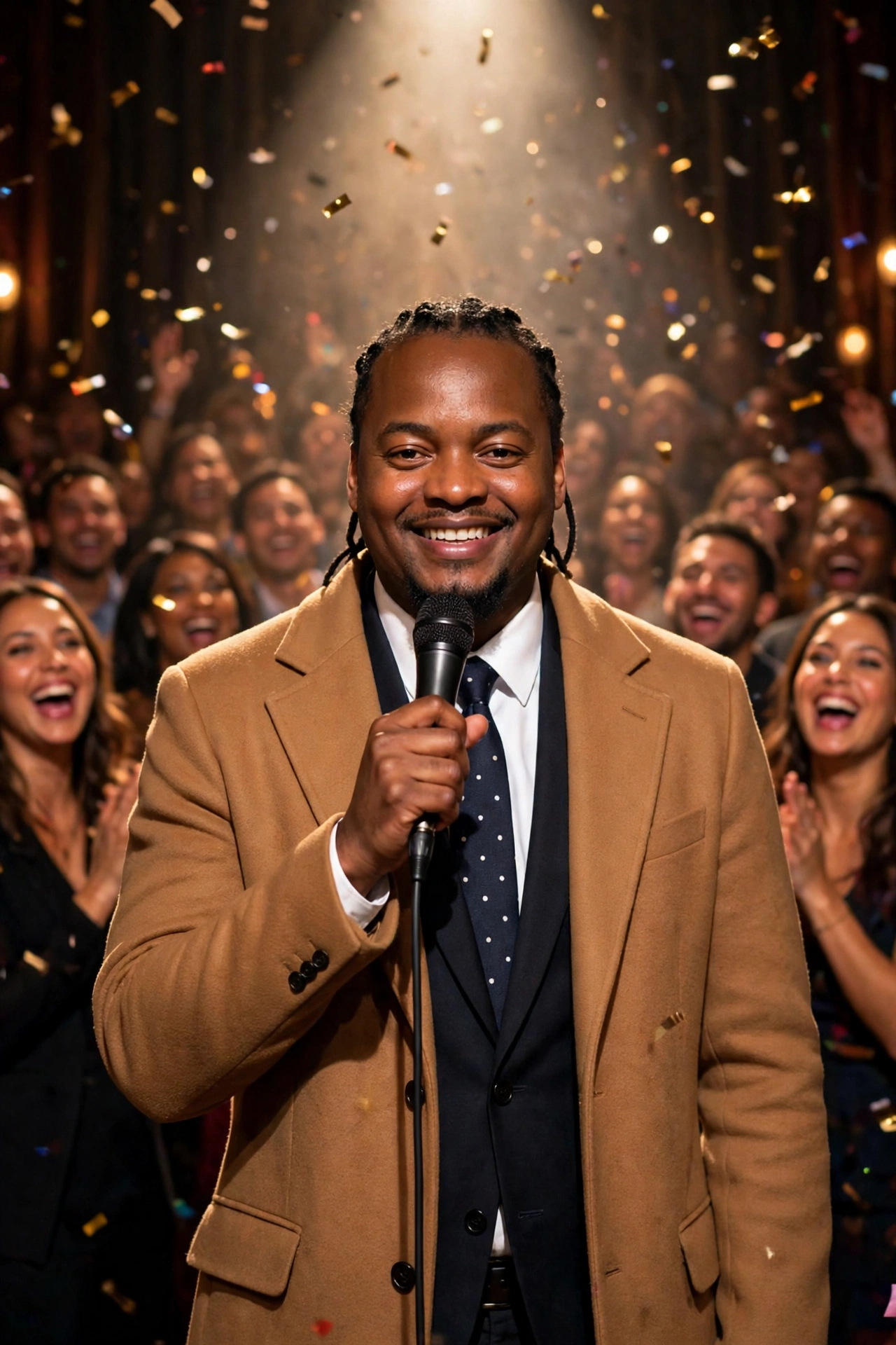 Masapo in a camel coat, microphone in hand, confetti over a laughing crowd