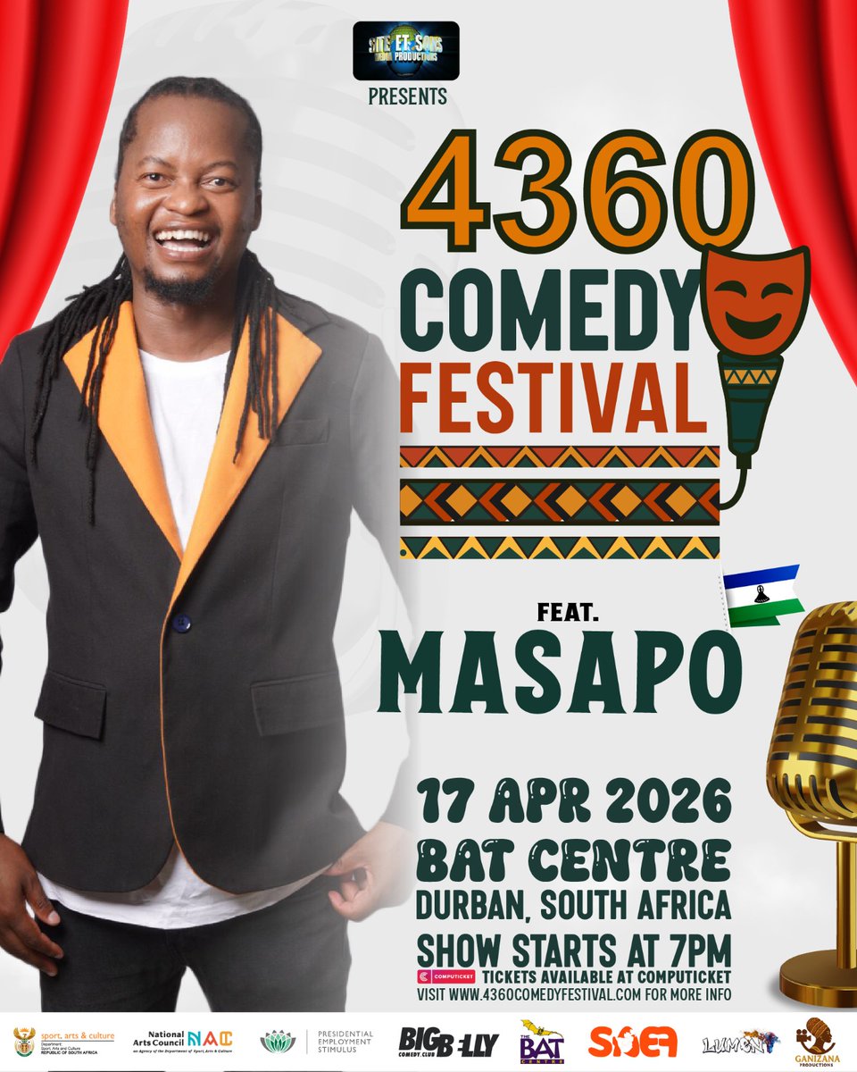 Poster for the 4360 Comedy Festival at the BAT Centre, Durban, 17 April 2026, featuring Masapo