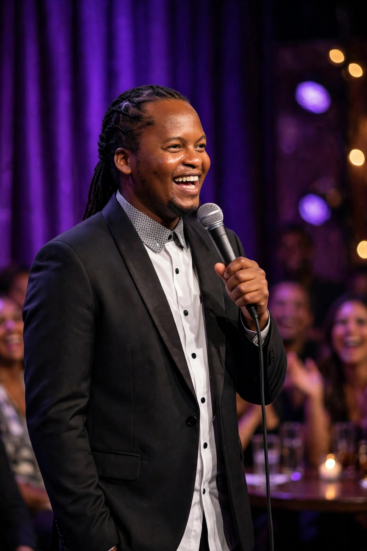 Masapo laughing into a microphone on a purple stage