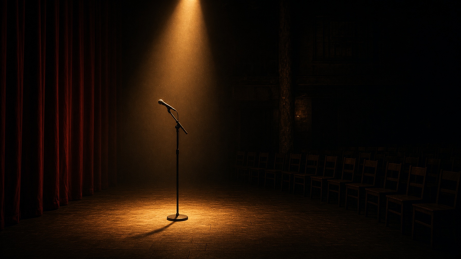 An empty stand-up stage, one spotlight on a microphone, chairs in the dark